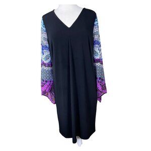 Chicos Black V-Neck Dress Colorful Paisley Flowy Slit Sleeves M/12 NWT